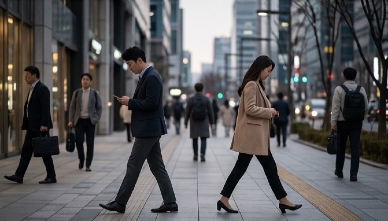 Two people passing each other on the street, absorbed in their phones